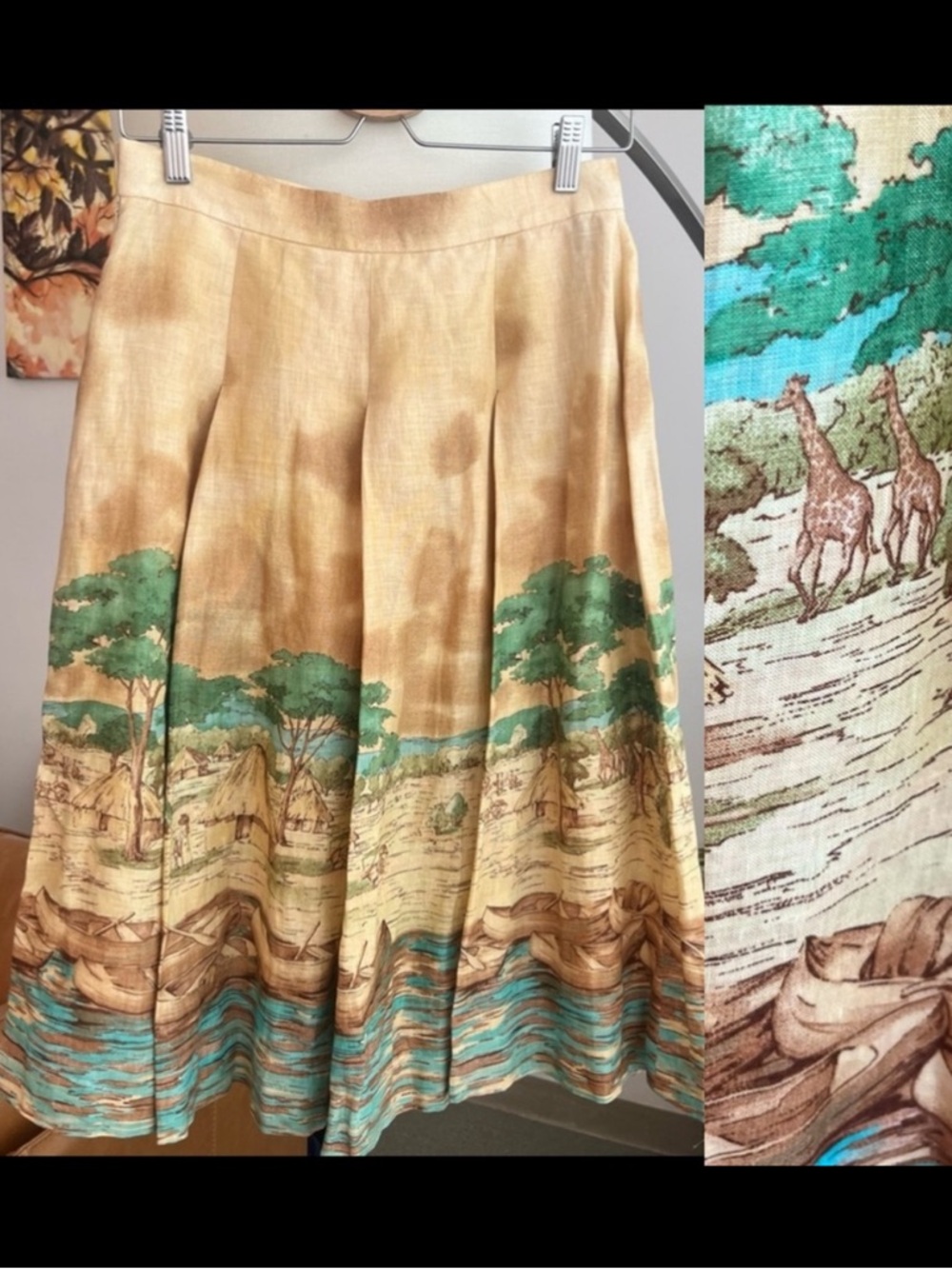 Anne Klein New York Linen Pleated Safari / Africa Patterned Midi Skirt